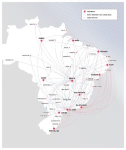 a map of brazil with red dots and lines